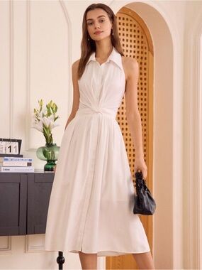 White Halter Twist-Front Midi Dress